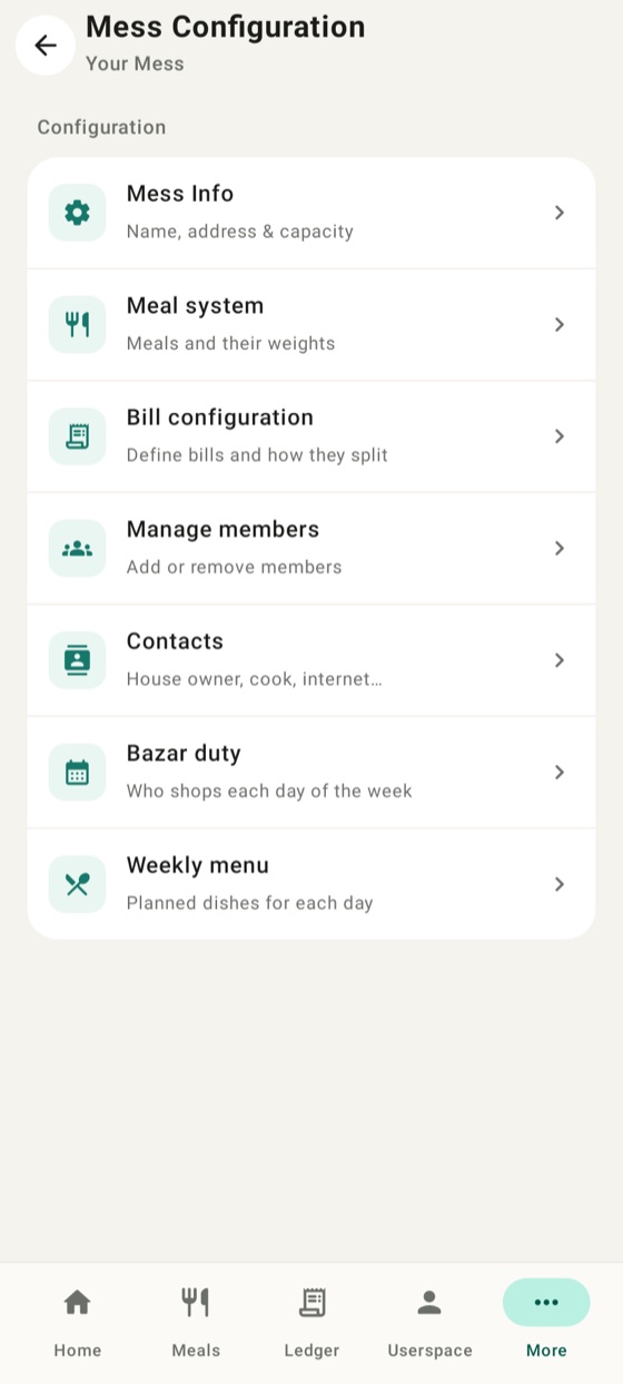 Mess configuration screen with meal system, bill setup, members, bazar duty and weekly menu.