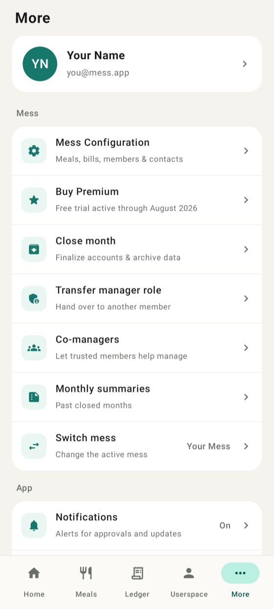 More menu with members, premium, close-month, manager transfer and settings.
